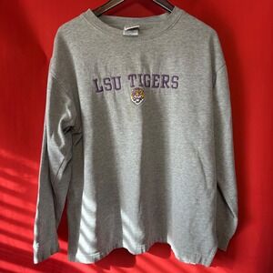 LSU Tigers Long Sleeve Sweatshirt Gray Red Oak Sportswear Tiger Logo Size L